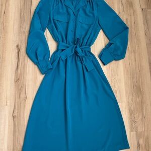 Ms. Chaya Teal Button -Down Midi Dress with Belt- Long Sleeve classic fit